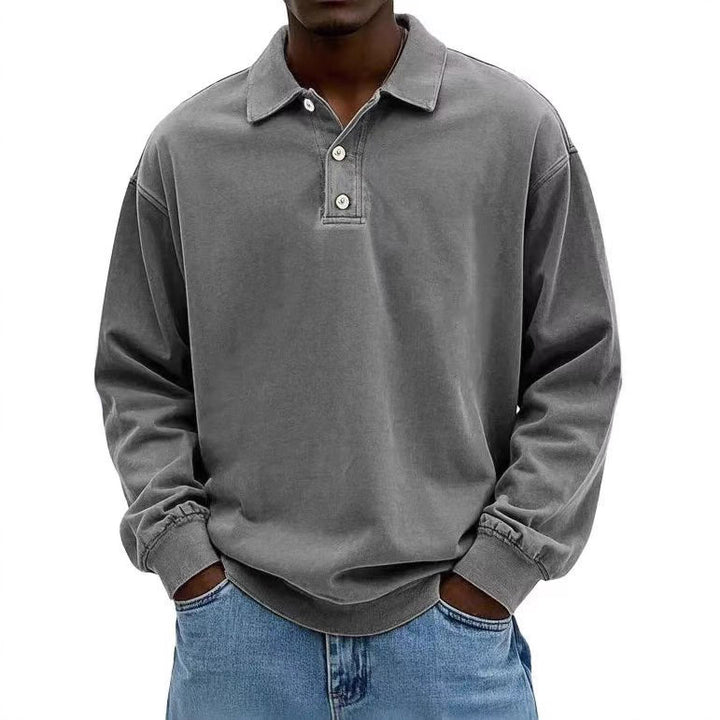 Herren nan lässiges Poloshirt-Sweatshirt mit Kragen, Vintage-Waschung und dreiteiliger Knopfleiste Drune