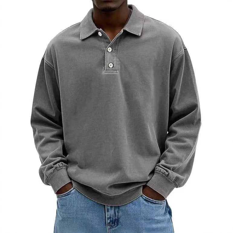 Herren nan lässiges Poloshirt-Sweatshirt mit Kragen, Vintage-Waschung und dreiteiliger Knopfleiste Drune