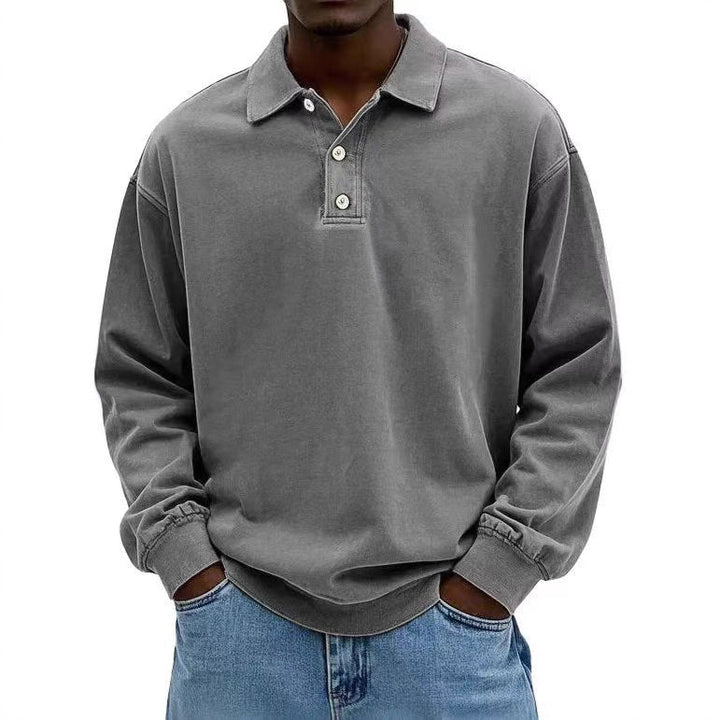 Herren nan lässiges Poloshirt-Sweatshirt mit Kragen, Vintage-Waschung und dreiteiliger Knopfleiste Drune