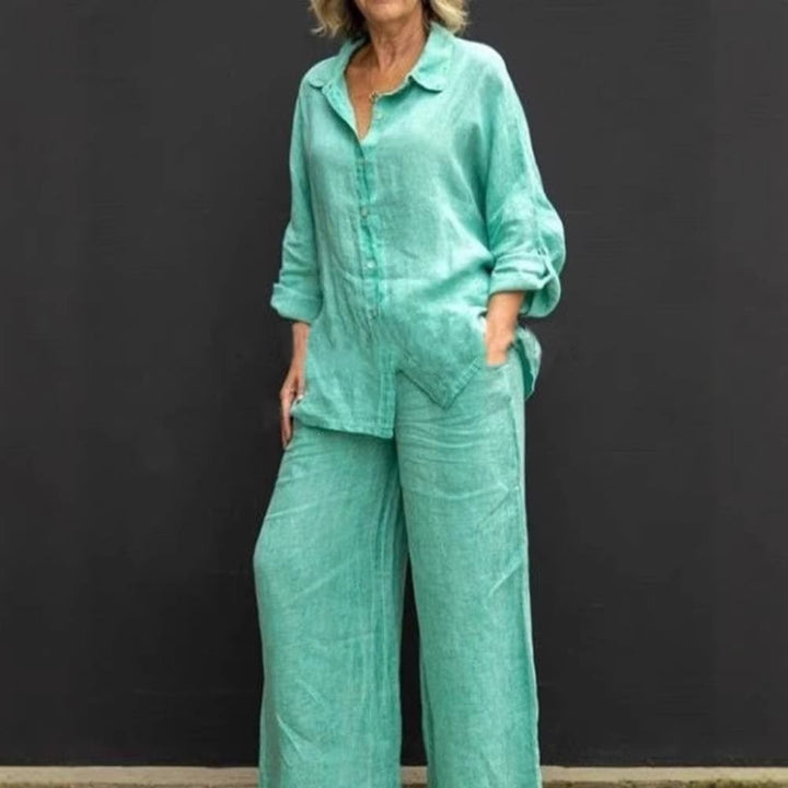Damen Leichtes Leinen-Loungewear-Set mit Oversized-Hemd und weiter Palazzo-Hose Drune