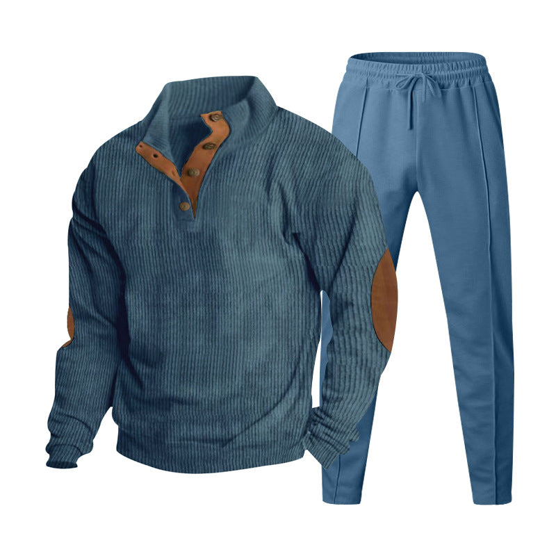 Herren Strukturiertes Henley-Loungewear-Set mit Ellenbogen-Patches & tapered Jogginghose Drune