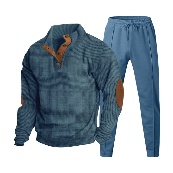 Herren Strukturiertes Henley-Loungewear-Set mit Ellenbogen-Patches & tapered Jogginghose Drune