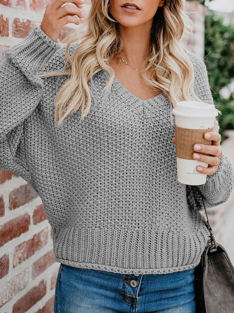 Damen Oversize Grobstrickpullover mit V-Ausschnitt und Rippsaum Drune