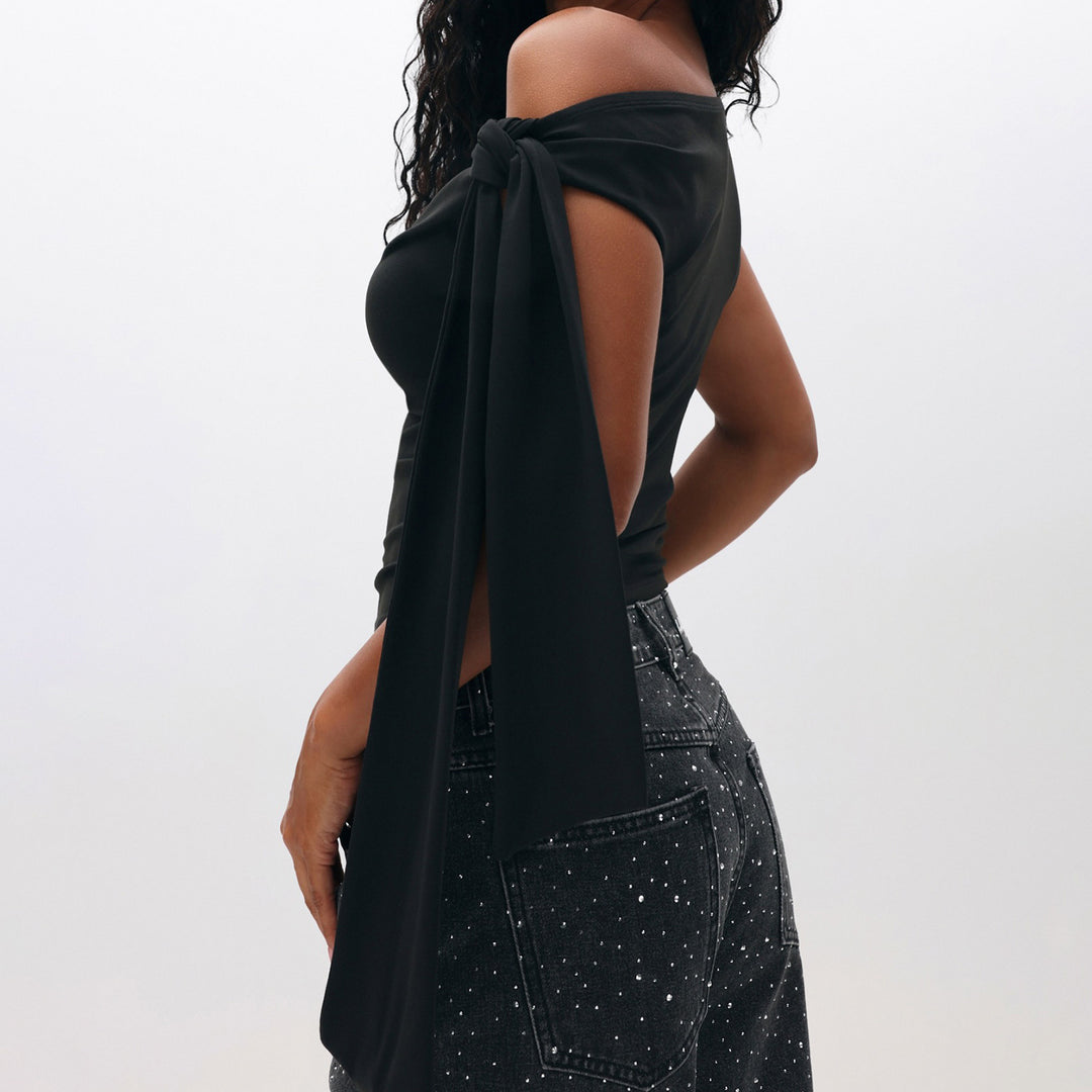 Damen Elegantes One-Shoulder Top mit dekorativen Steinen Drune