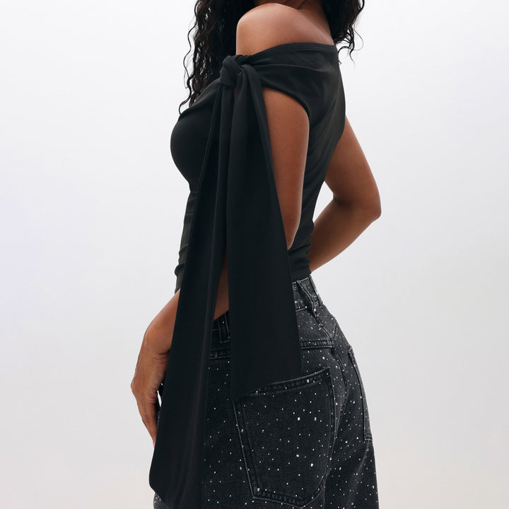Damen Elegantes One-Shoulder Top mit dekorativen Steinen Drune