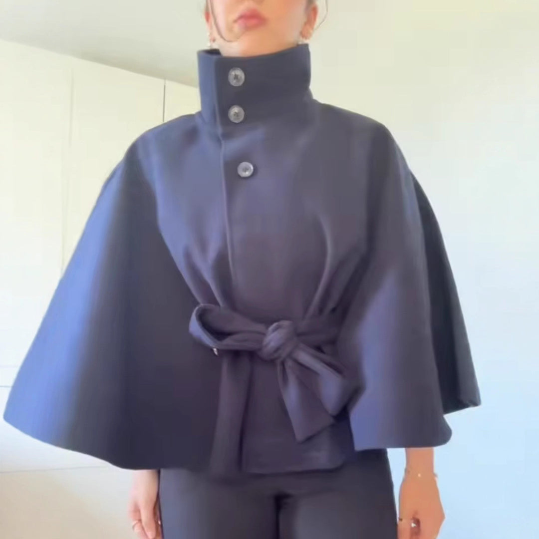 Damen elegante Übergangsjacke mit hohem Kragen und Bindegürtel Drune