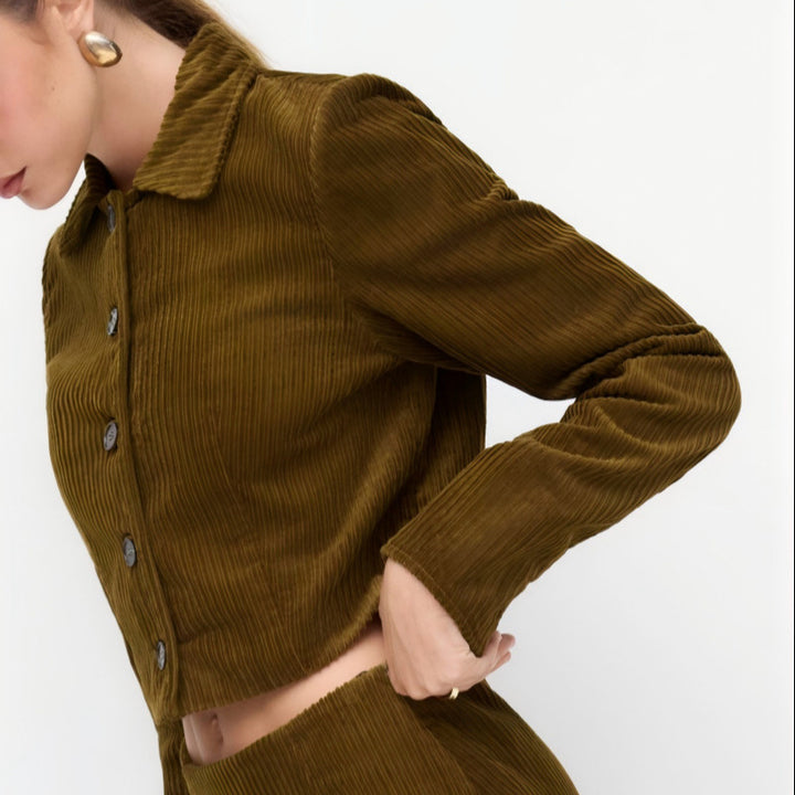 Damen Plissierte Kurzjacke mit Hemdkragen und umgeschlagenen Manschetten Drune