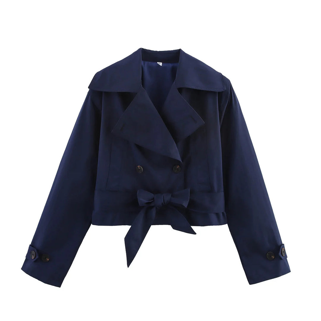 Damen nan kurze Taillen-Trenchjacke mit doppelreihiger Knopfleiste breitem Schalkragen und taillierendem Bindegürtel Drune