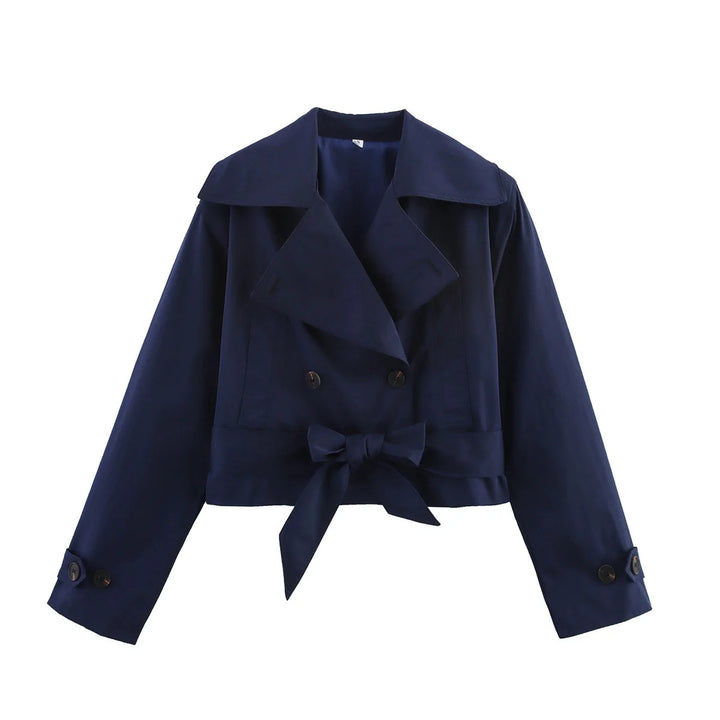 Damen nan kurze Taillen-Trenchjacke mit doppelreihiger Knopfleiste breitem Schalkragen und taillierendem Bindegürtel Drune