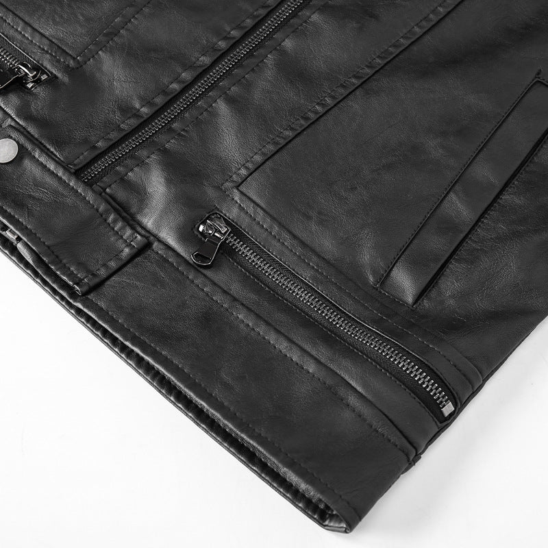 Herren Motorrad-inspirierte Lederoptikjacke mit Stehkragen und Ziernähten Drune