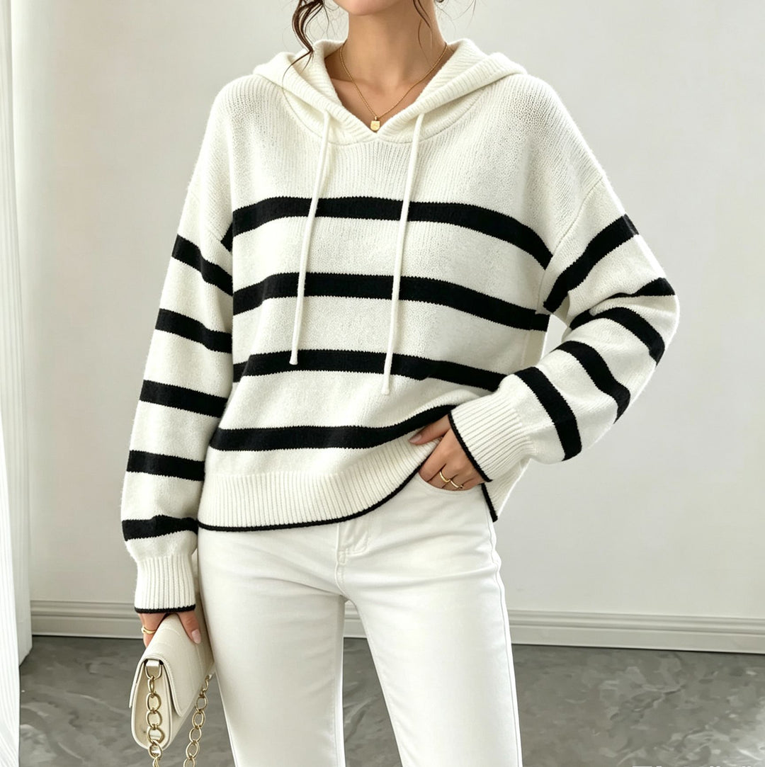 Damen Kapuzen-Strickpullover im Maritim-Look mit geripptem Saum und relaxed Fit Drune