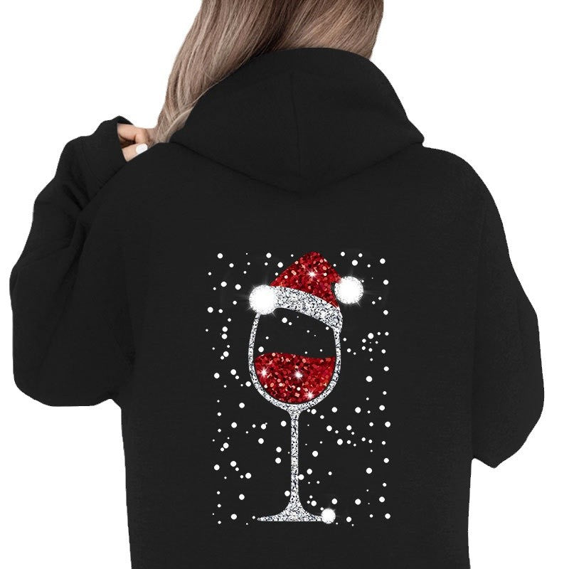 Damen Oversize Kapuzenpullover mit weihnachtlichem Glitzer-Weinglas-Print Drune