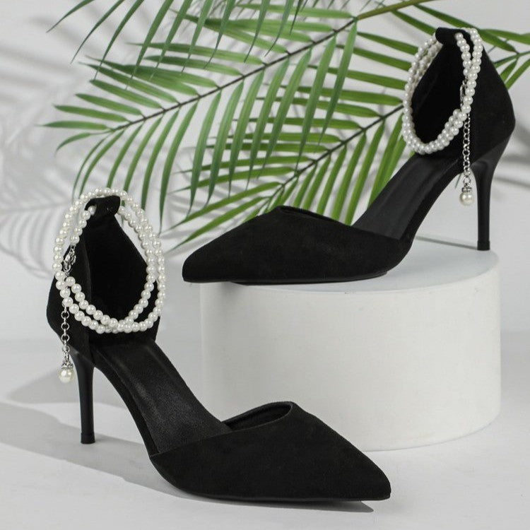 Damen Elegante spitz zulaufende Pumps mit Perlen-Knöchelriemen und schmalem Stiletto Drune