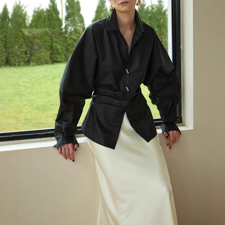 Damen Oversize-Bluse mit Ballonärmeln und taillierter V‑Schlitz-Form Drune
