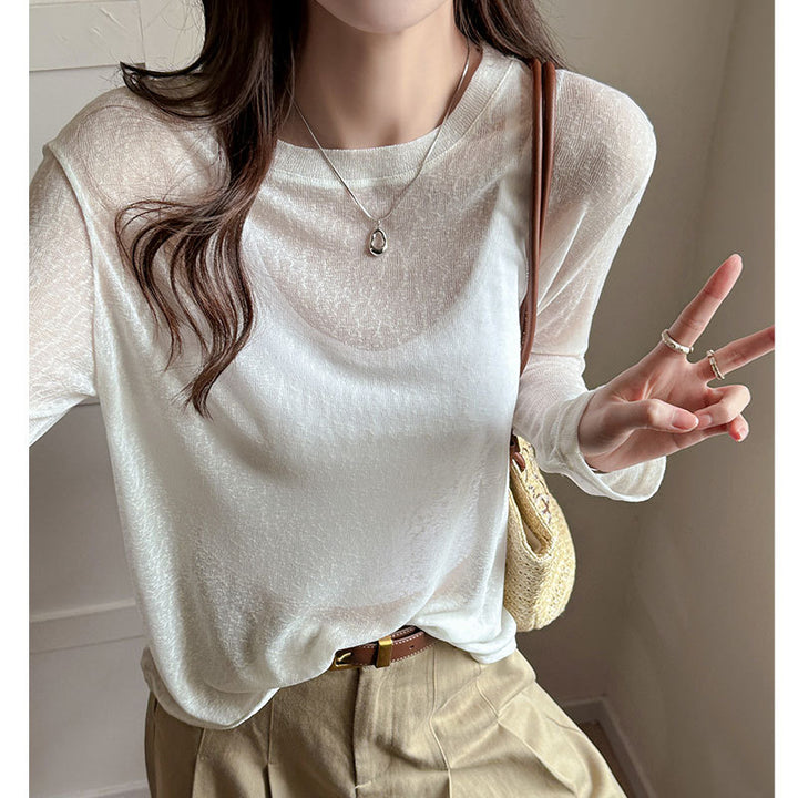 Damen Longsleeve Shirt aus leicht transparentem Material mit elegantem Fall Drune