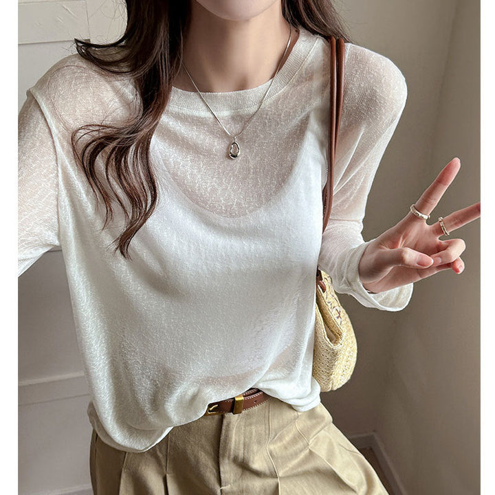 Damen Longsleeve Shirt Aus Leicht Transparentem Material mit Elegantem Fall Drune