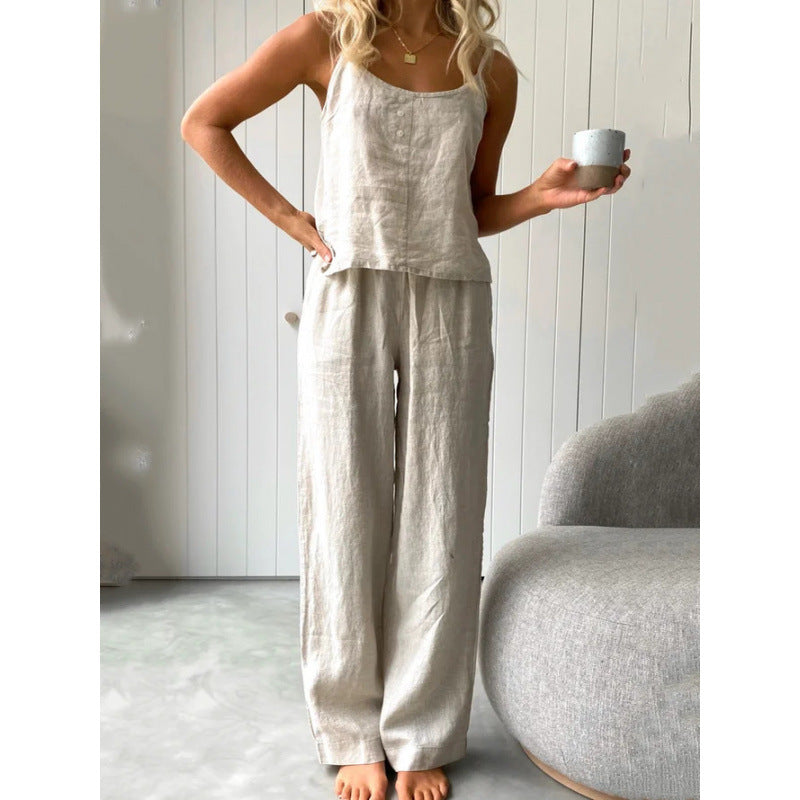 Damen lässiges Leinen-Set mit trägerloser Bluse und weiten Hosen Drune