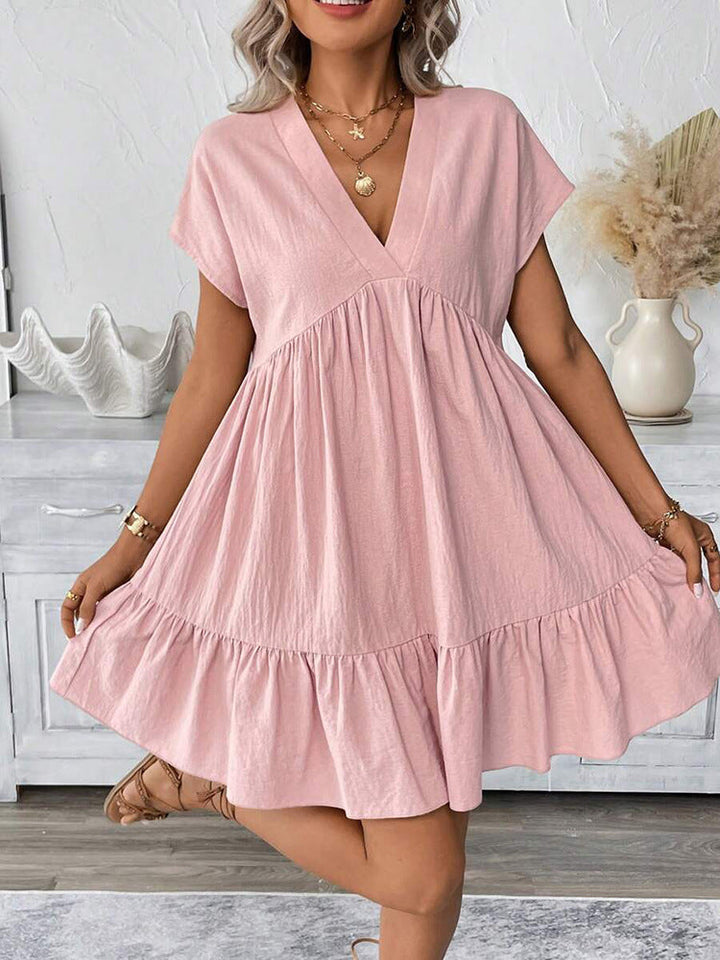 Damen kurzes Sommerkleid mit tiefem V-Ausschnitt und Rüschensaum Drune