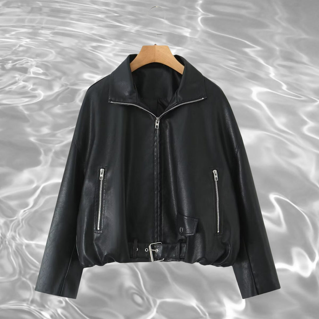 Damen Kunstlederjacke mit taillierbarem Gürtel und seitlichen Reißverschlusstaschen Drune