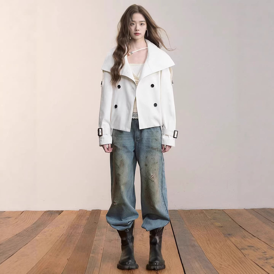 Damen Oversized Doppelreihige Trench-Bomberjacke mit hohem Stehkragen Drune