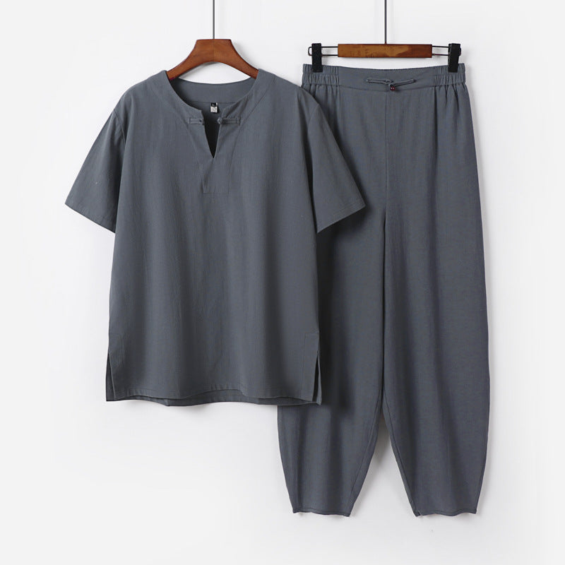 Herren Zweiteiliges Set mit Kurzarm-Stehkragenhemd und elastischer Haremshose Drune