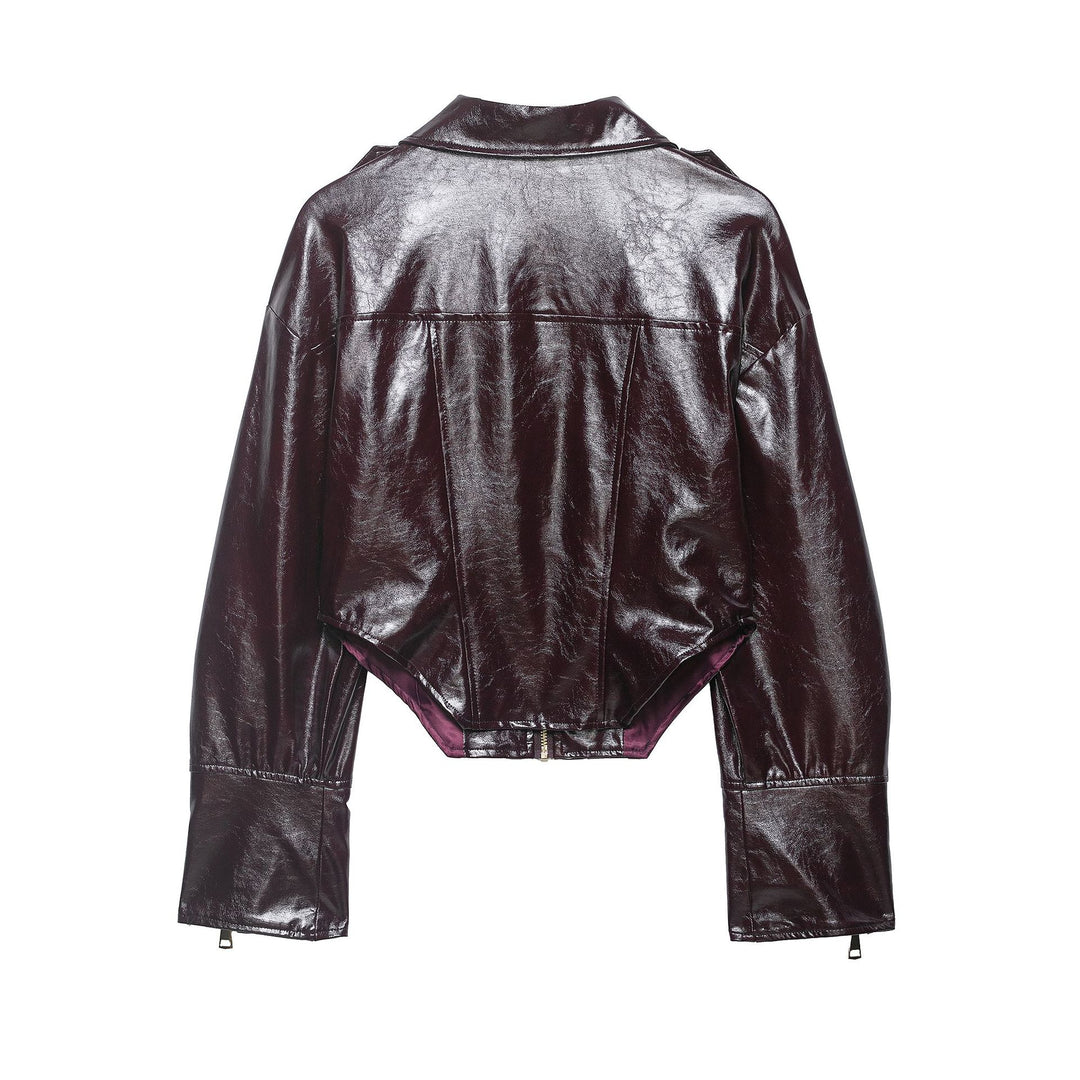 Damen Cropped Lackleder-Optik Bikerjacke mit Oversize-Ärmeln, Schulterklappen und durchgehendem Frontzip Drune