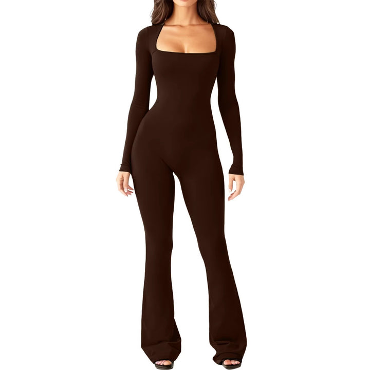 Damen figurbetontes Jumpsuit mit quadratischem Ausschnitt, langen Ärmeln und ausgestellt Bein Drune