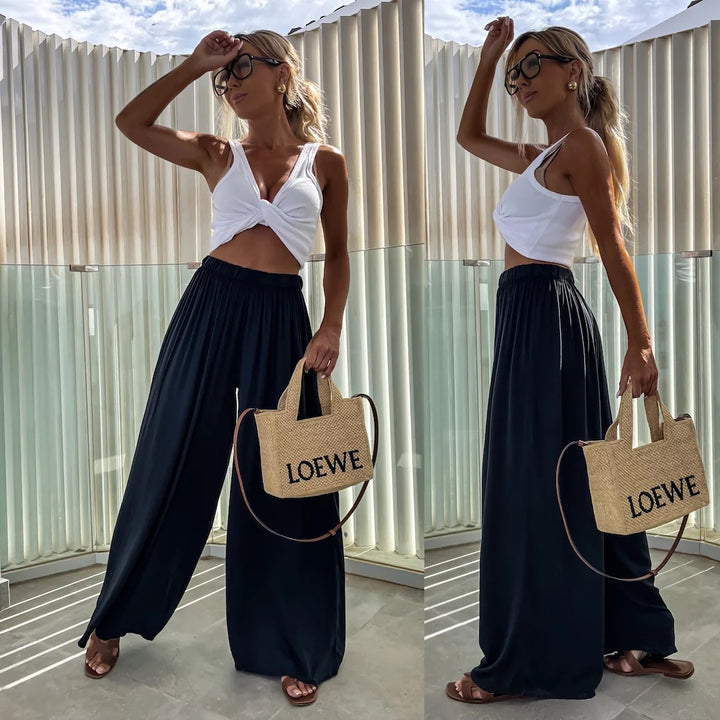 Damen weit geschnittene Palazzo-Hose mit hohem elastischem Bund und fließendem Jersey Drune