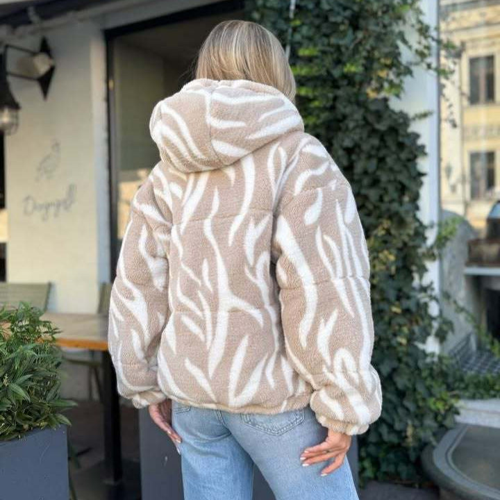 Damen Teddy-Fleece-Kapuzenjacke mit Reißverschluss, Steppnähten und weichem Zickzack-Muster Drune