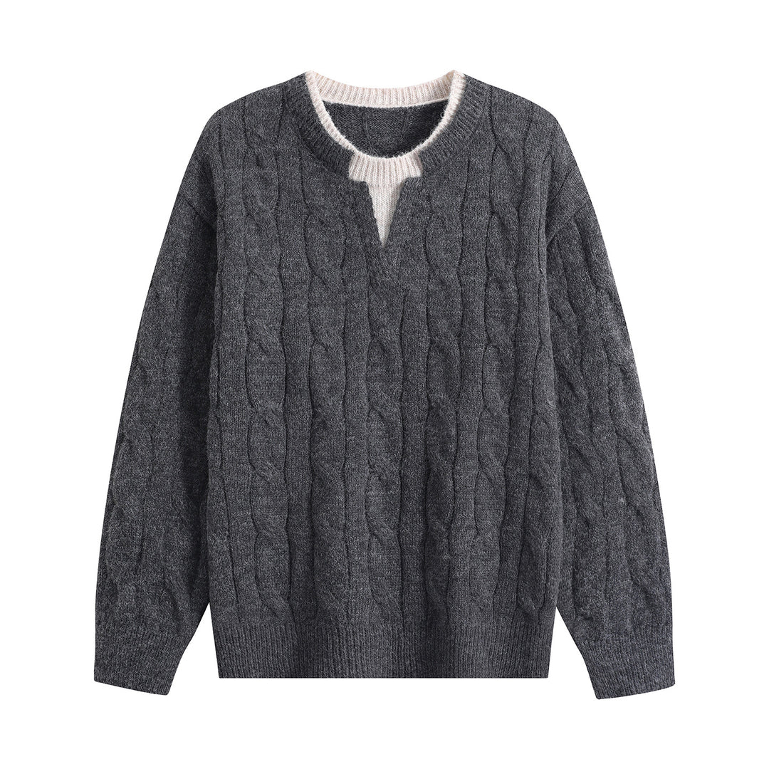 Damen Oversize Zopfmuster-Pullover mit V‑Schlitzkragen Drune