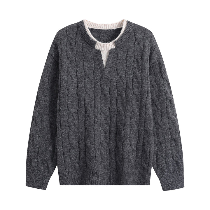 Damen Oversize Zopfmuster-Pullover mit V‑Schlitzkragen Drune