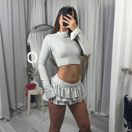 Damen modisches Crop-Top und plissierte Mini-Rock Set Drune