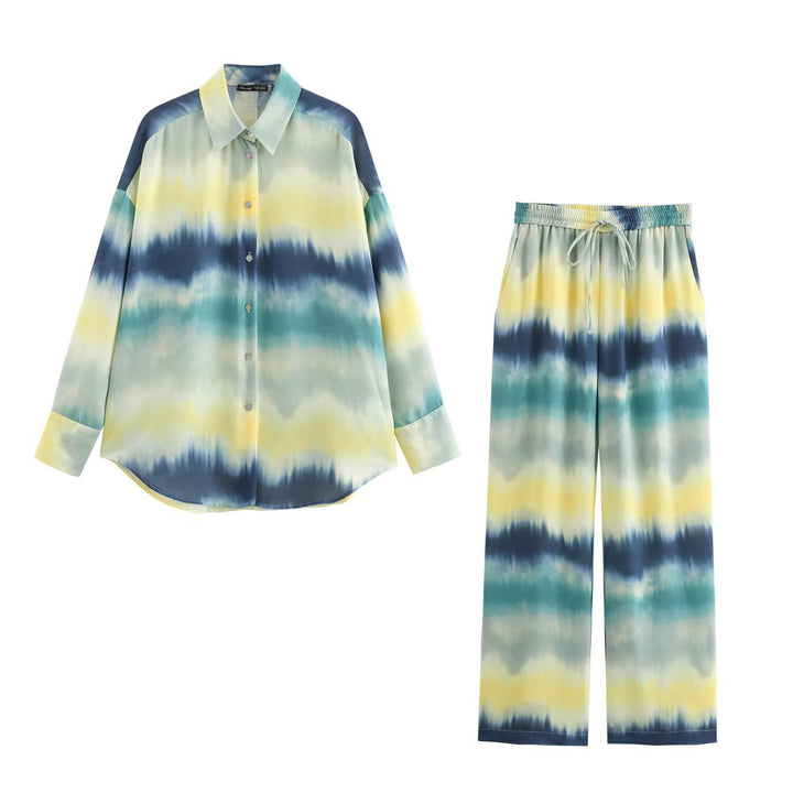 Damen Weite Palazzo-Loungehose mit Elastikbund, Tunnelzug und Aquarell‑Print Drune