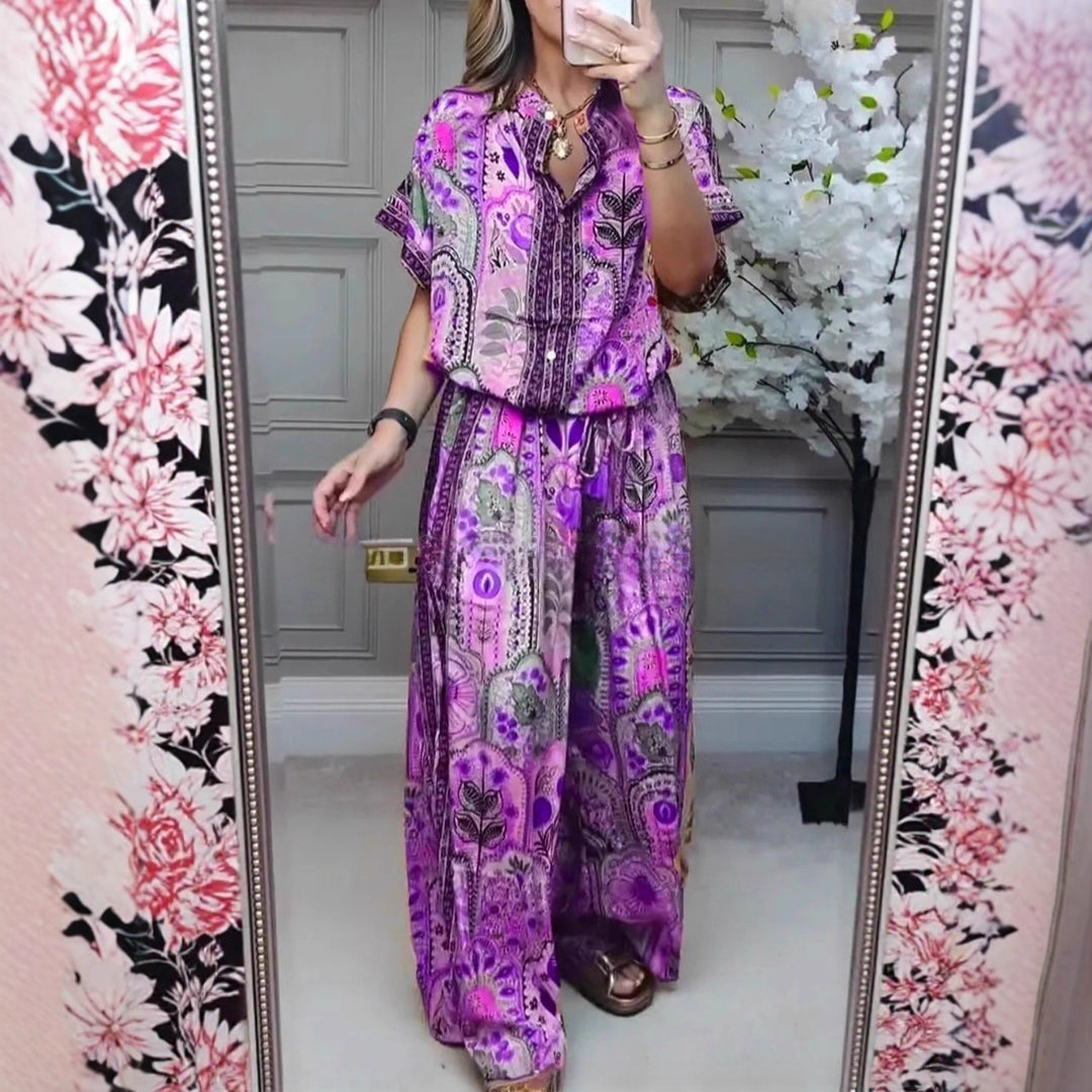 Damen nan Boho-Zweiteiler aus leichter Viskose mit Kurzarmbluse Knopfleiste Kordelbund und weitem Palazzohose Drune