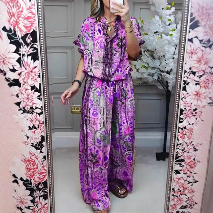 Damen nan Boho-Zweiteiler aus leichter Viskose mit Kurzarmbluse Knopfleiste Kordelbund und weitem Palazzohose Drune