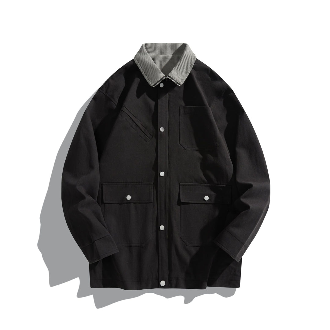 Unisex Kurz geschnittener Boxy-Canvas-Blouson mit Cordkragen, Druckknopffront und Utility‑Pattentaschen Drune