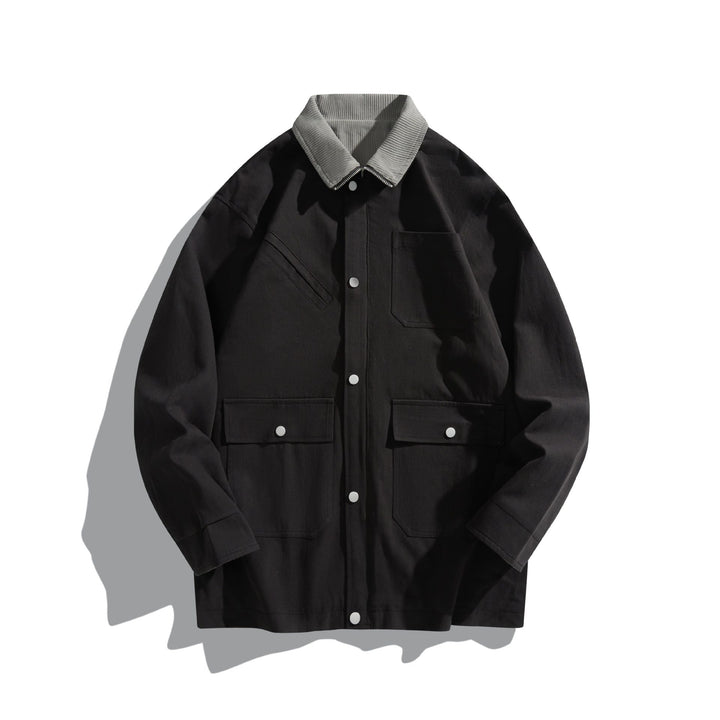 Unisex Kurz geschnittener Boxy-Canvas-Blouson mit Cordkragen, Druckknopffront und Utility‑Pattentaschen Drune