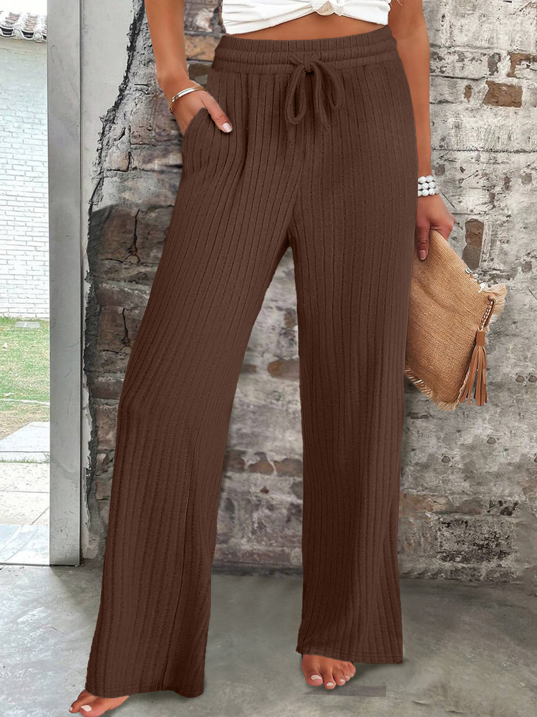 Damen Weit geschnittene Rippstrickhose mit elastischem Taillenbund Drune