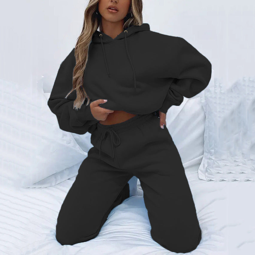 Damen kuscheliges Cropped-Kapuzen-Lounge-Set mit hochgeschnittener Tunnelzug-Jogginghose Drune