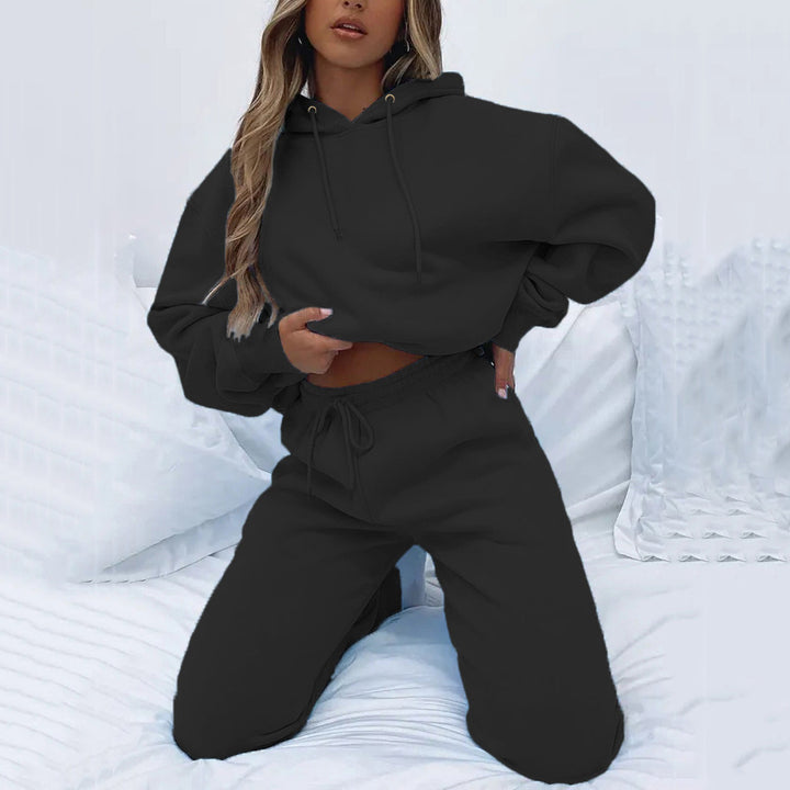 Damen kuscheliges Cropped-Kapuzen-Lounge-Set mit hochgeschnittener Tunnelzug-Jogginghose Drune