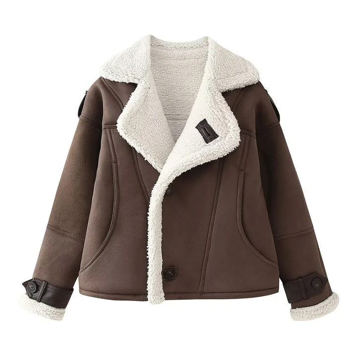 Damen nan kurze Fliegerjacke im Aviator‑Look mit Teddyfutter, großem Schalkragen und verstellbaren Manschetten Drune