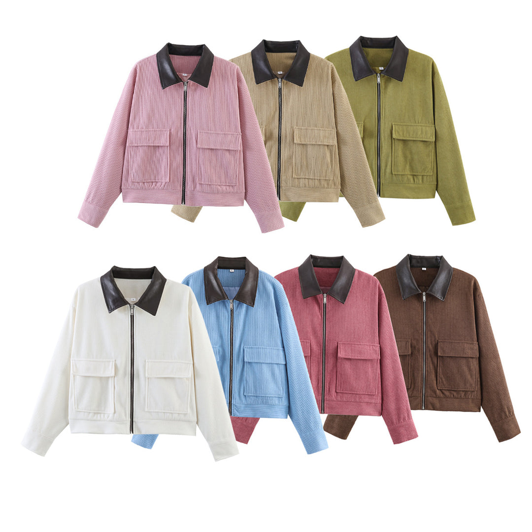 Damen Cordjacke mit Reißverschluss, Kunstlederkragen und aufgesetzten Taschen Drune