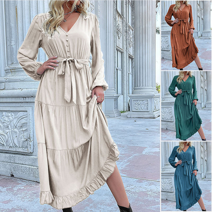 Damen Langes Satin‑Optik Stufenkleid mit V‑Ausschnitt, Bindegürtel und Volantsaum Drune