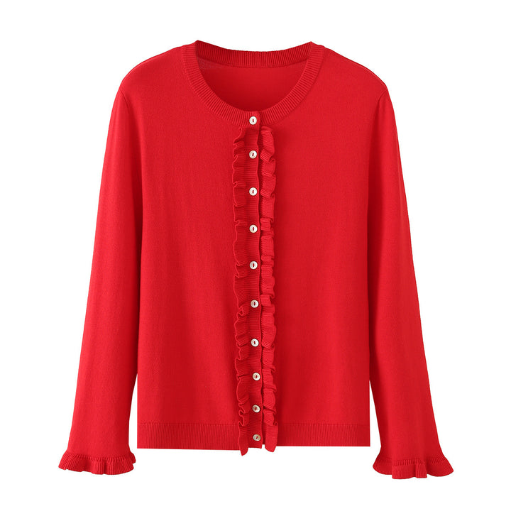 Damen Rüschensaum Strickjacke mit Knopfleiste und Volantärmeln Drune