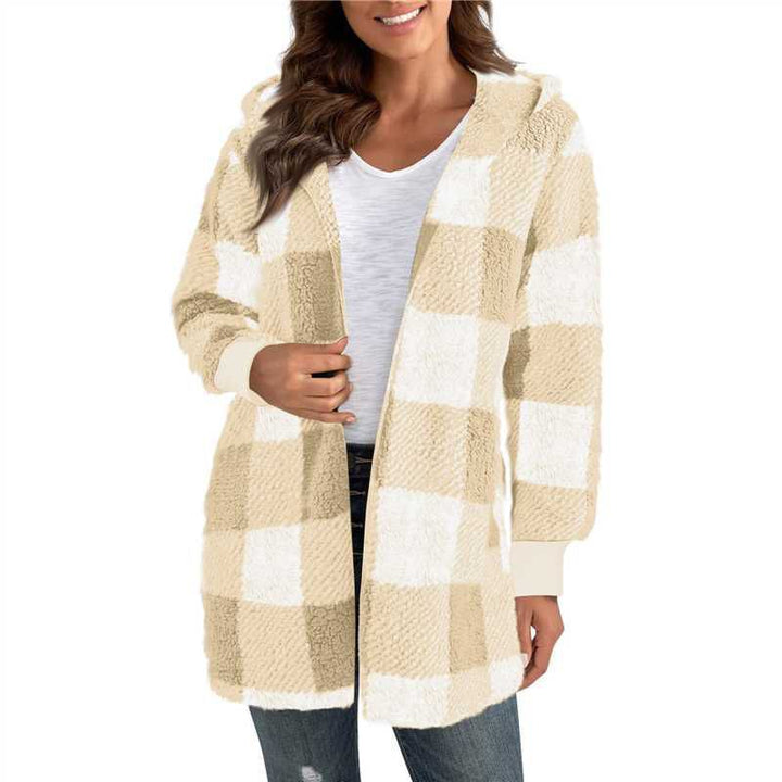 Damen nan karierter Teddy-Mantel mit großem Reverskragen und Rippbündchen Drune