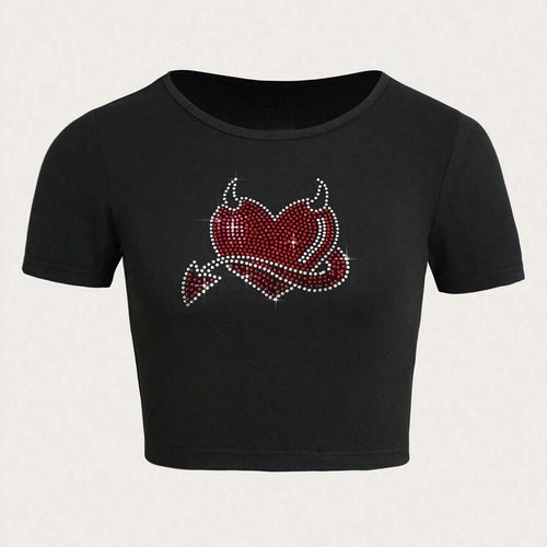 Damen Cropped T-Shirt mit kreativem Skelettdesign Drune