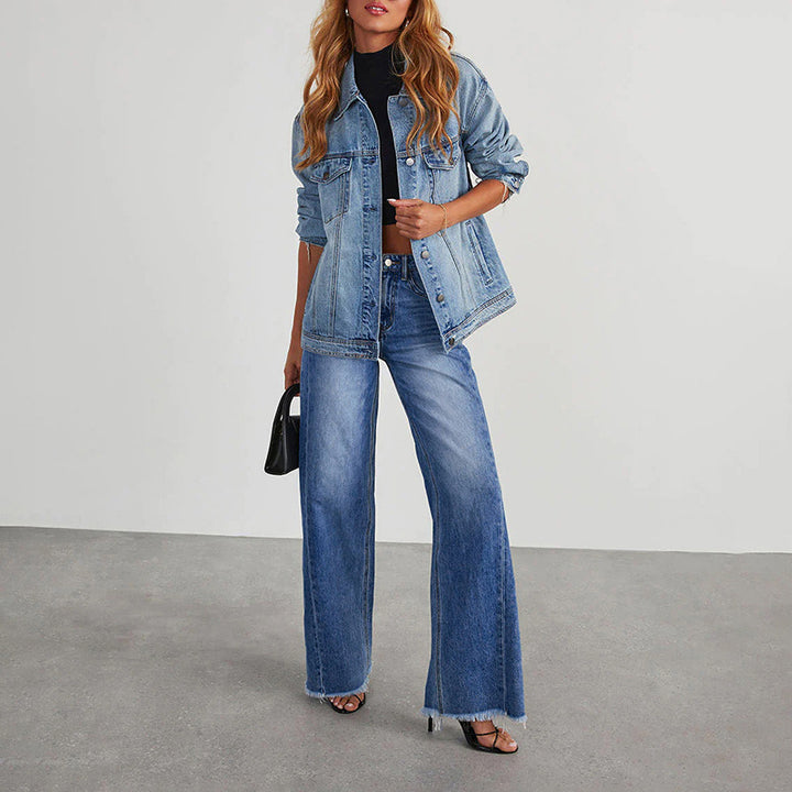 Damen High-Waist Schlagjeans mit weitem Bein und ausgefranstem Saum Drune
