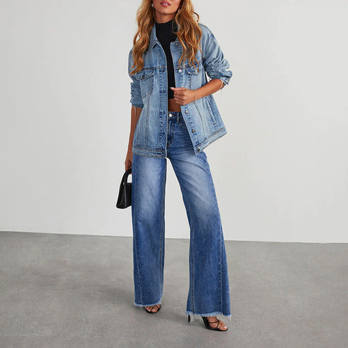 Damen High-Waist Schlagjeans mit weitem Bein und ausgefranstem Saum Drune
