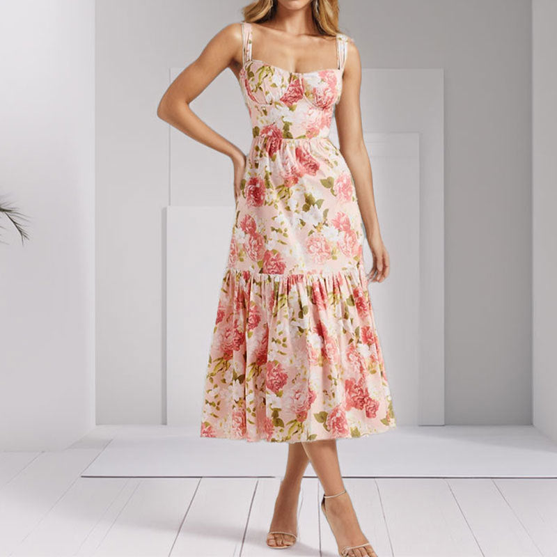 Damen Blumenkleid mit Rüschensaum und schmalen Trägern Drune