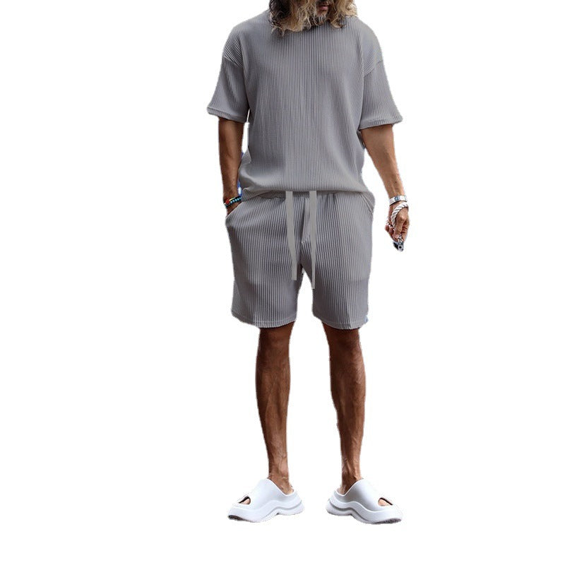 Herren nan lässiges Waffeljersey-Set mit weitem Oberteil und Tunnelzug-Shorts Drune